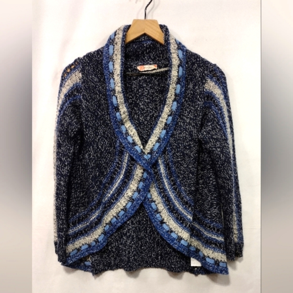 Miss Me Girl Sweater Cardigan Size XL Blue White Boho Retro Casual Comfy 90s